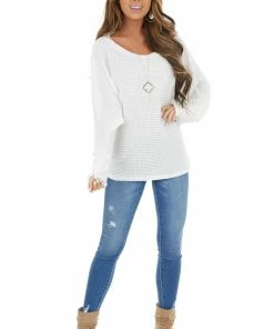 BiBi Tops Ivory Waffle Knit Dolman Sleeve Top With Long Banded Cuffs