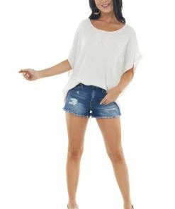 CY Fashion Ivory Waffle Knit Open Back Top With Exposed Stitching Tops