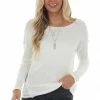 First Love Tops Ivory Waffle Knit Raw Hem Long Sleeve Top