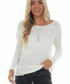 First Love Tops Ivory Waffle Knit Raw Hem Long Sleeve Top