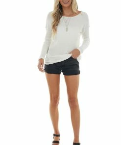 First Love Tops Ivory Waffle Knit Raw Hem Long Sleeve Top