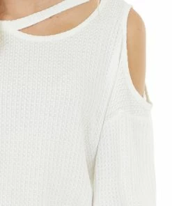 BiBi Ivory Waffle Knit Single Cold Shoulder Top With Neck Cutout 25 BiBi Ivory Waffle Knit Single Cold Shoulder Top With Neck Cutout