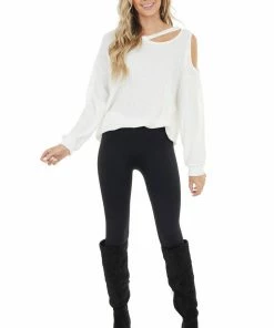 BiBi Ivory Waffle Knit Single Cold Shoulder Top With Neck Cutout