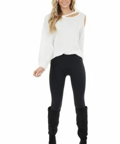 BiBi Ivory Waffle Knit Single Cold Shoulder Top With Neck Cutout 20 BiBi Ivory Waffle Knit Single Cold Shoulder Top With Neck Cutout