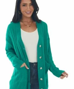 Fantastic Fawn Jade Button Down Front Loose Knit Cardigan