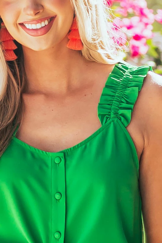 Doe & Rae Kelly Green Button Up Ruffle Strap Woven Tank Top Tops 8 Doe & Rae Kelly Green Button Up Ruffle Strap Woven Tank Top Tops
