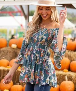 ANGIE Jade Floral Off Shoulder Flare Sleeve Top Tops