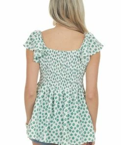 Staccato Tops Jade Floral Print Babydoll Flutter Sleeve Top