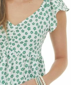 Staccato Tops Jade Floral Print Babydoll Flutter Sleeve Top