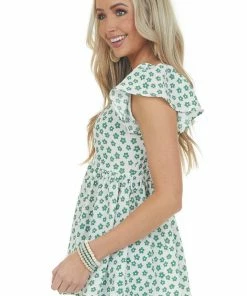 Staccato Tops Jade Floral Print Babydoll Flutter Sleeve Top