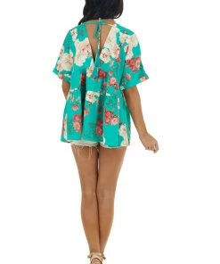 Entro Jade Green Floral Print V Neck Babydoll Top Tops