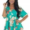Entro Jade Green Floral Print V Neck Babydoll Top Tops