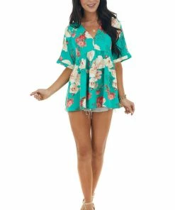 Entro Jade Green Floral Print V Neck Babydoll Top Tops