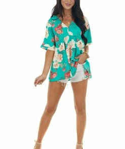 Entro Jade Green Floral Print V Neck Babydoll Top Tops