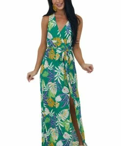 Timing Jade Leaf Print Surplice Waist Tie Maxi Dress Dresses