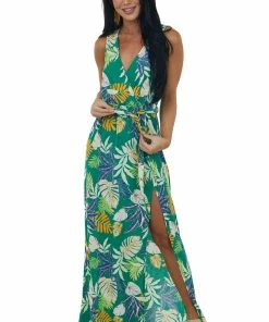 Timing Jade Leaf Print Surplice Waist Tie Maxi Dress Dresses