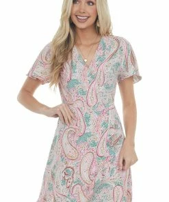 Davi & Dani Dresses Jade Paisley Print Faux Wrap Short Dress
