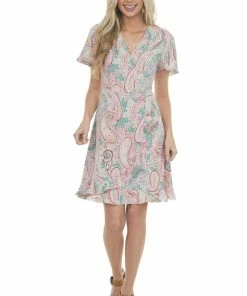 Davi & Dani Dresses Jade Paisley Print Faux Wrap Short Dress