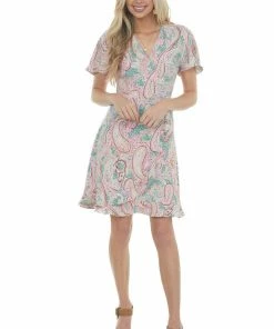 Davi & Dani Dresses Jade Paisley Print Faux Wrap Short Dress