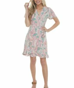 Davi & Dani Dresses Jade Paisley Print Faux Wrap Short Dress
