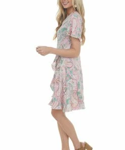Davi & Dani Dresses Jade Paisley Print Faux Wrap Short Dress