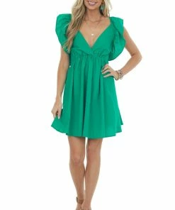 Umgee Dresses Jade Plunging V Neck Lace Up Back Short Dress