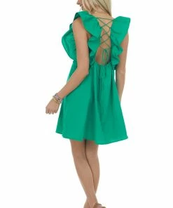 Umgee Dresses Jade Plunging V Neck Lace Up Back Short Dress