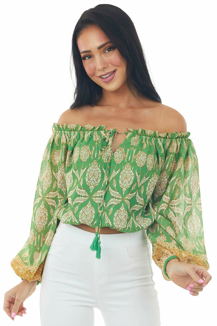 Flying Tomato Jade Printed Off Shoulder Puff Sleeve Crop Top 3 Flying Tomato Jade Printed Off Shoulder Puff Sleeve Crop Top