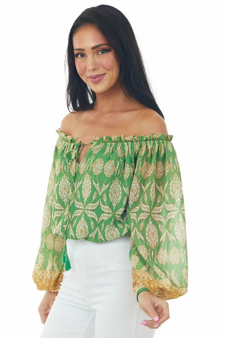 Flying Tomato Jade Printed Off Shoulder Puff Sleeve Crop Top 6 Flying Tomato Jade Printed Off Shoulder Puff Sleeve Crop Top