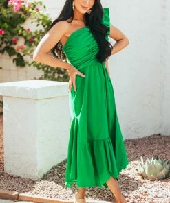 Umgee Jade Ruffle One Shoulder Ruched Midi Dress Dresses