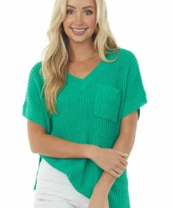 BiBi Tops Jade Short Sleeve Loose Knit Sweater With Front Pocket