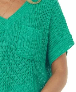 BiBi Tops Jade Short Sleeve Loose Knit Sweater With Front Pocket 13 BiBi Tops Jade Short Sleeve Loose Knit Sweater With Front Pocket