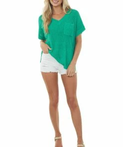 BiBi Tops Jade Short Sleeve Loose Knit Sweater With Front Pocket