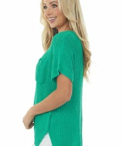 BiBi Tops Jade Short Sleeve Loose Knit Sweater With Front Pocket 11 BiBi Tops Jade Short Sleeve Loose Knit Sweater With Front Pocket