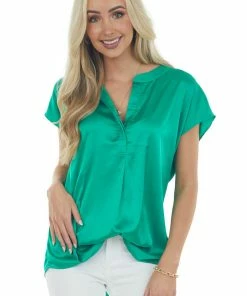 Jodifl Jade Short Sleeve Notch Neckline Satin Blouse Tops