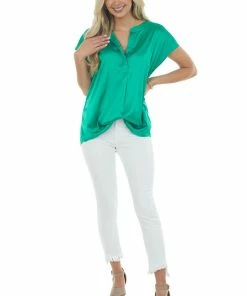 Jodifl Jade Short Sleeve Notch Neckline Satin Blouse Tops