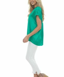 Jodifl Jade Short Sleeve Notch Neckline Satin Blouse Tops