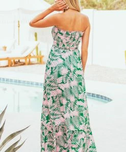 Timing Jade Tropical Print Strapless Smocked Maxi Dress Dresses