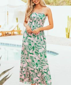 Timing Jade Tropical Print Strapless Smocked Maxi Dress Dresses