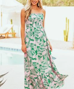 Timing Jade Tropical Print Strapless Smocked Maxi Dress Dresses