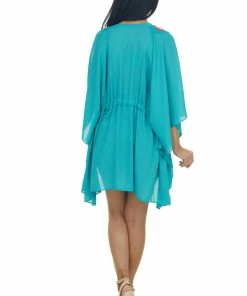 Umgee Tops Jungle Green Floral Embroidered Waist Tie Kimono