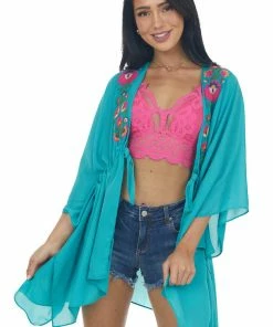 Umgee Tops Jungle Green Floral Embroidered Waist Tie Kimono