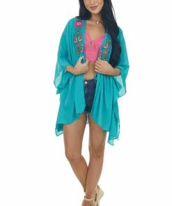 Umgee Tops Jungle Green Floral Embroidered Waist Tie Kimono