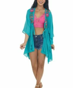 Umgee Tops Jungle Green Floral Embroidered Waist Tie Kimono