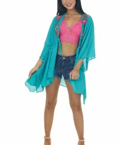 Umgee Tops Jungle Green Floral Embroidered Waist Tie Kimono