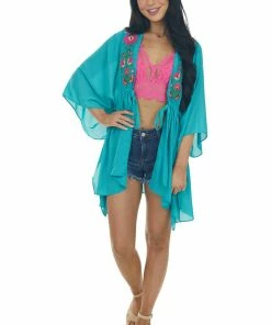 Umgee Tops Jungle Green Floral Embroidered Waist Tie Kimono
