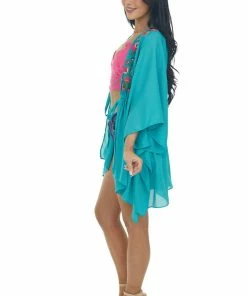 Umgee Tops Jungle Green Floral Embroidered Waist Tie Kimono