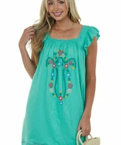Davi & Dani Jungle Green Floral Embroidered Woven Short Dress