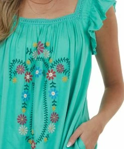 Davi & Dani Jungle Green Floral Embroidered Woven Short Dress