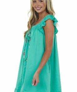 Davi & Dani Jungle Green Floral Embroidered Woven Short Dress